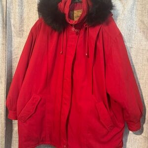J G Hook Women's Vibrant Red Puffer Jacket with Real Fox Fur Black Hood